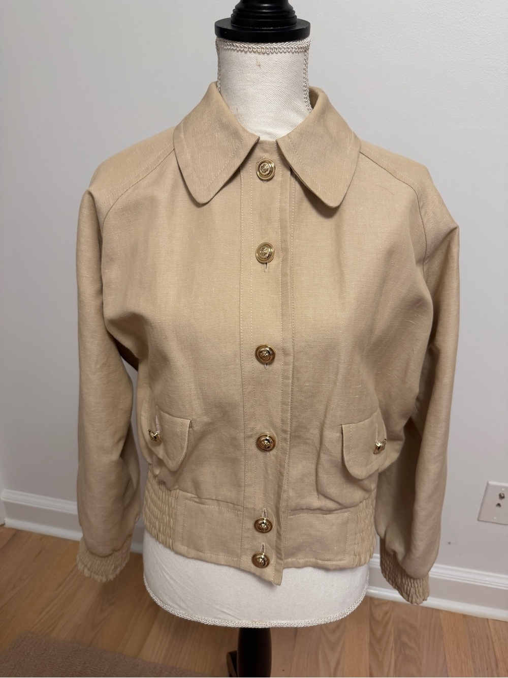 Maje Beige Linen Bomber Jacket with Button Front sz 40
